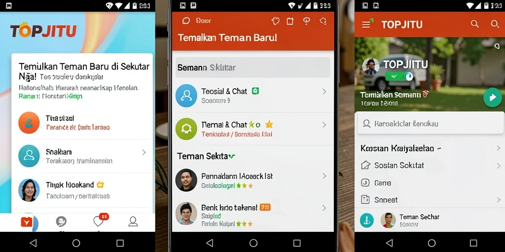 Antarmuka interaktif dari aplikasi TOPJITU untuk menemukan teman baru.